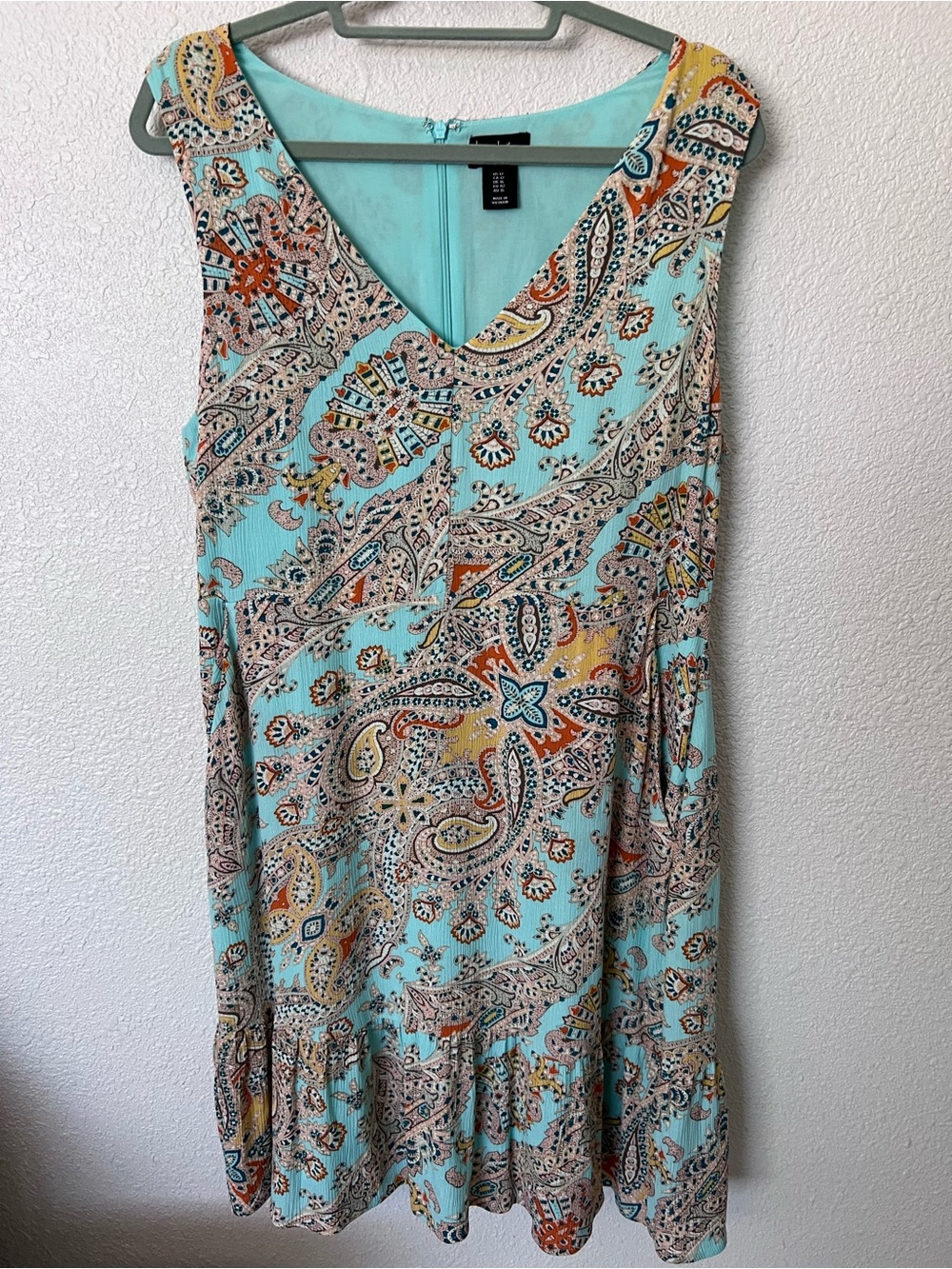 Nicole Miller Aqua Paisley V-Neck Ruffle-Hem Mini Dress